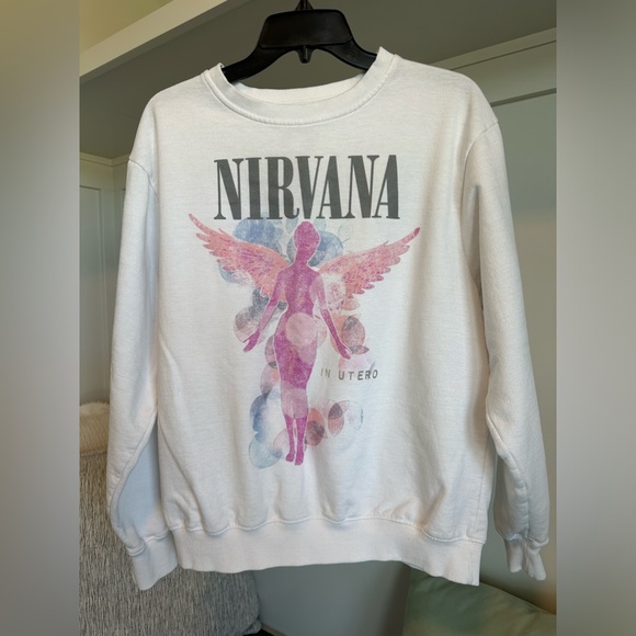 Nirvana White Sweatshirt with Grey Letters Pink and Blue Size Small - Picture 10 of 10